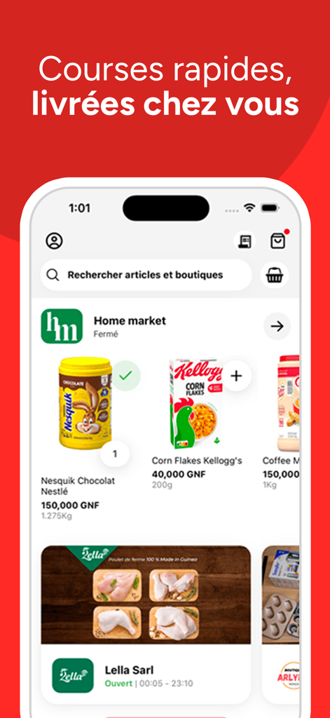 Interface mobile Grand Annem : articles d’épicerie, céréales et lait au chocolat pour une livraison rapide.